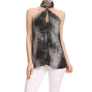 Ariella High NeckTie Dye Keyhole Top, Charcoal